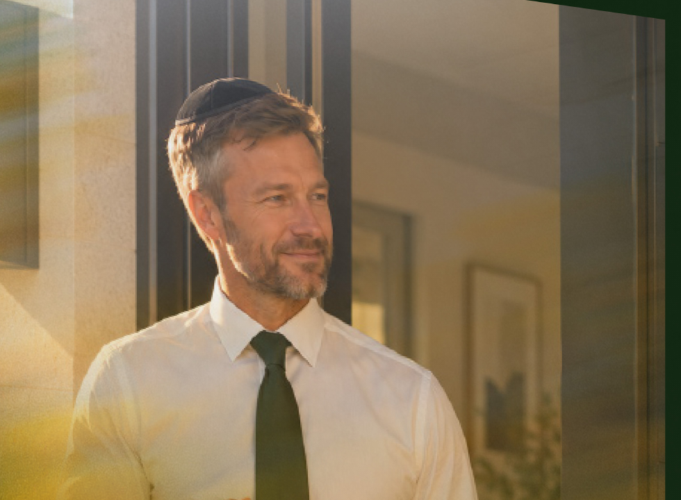Illustrative golden-hour portrait of a man at home with a cup of coffee